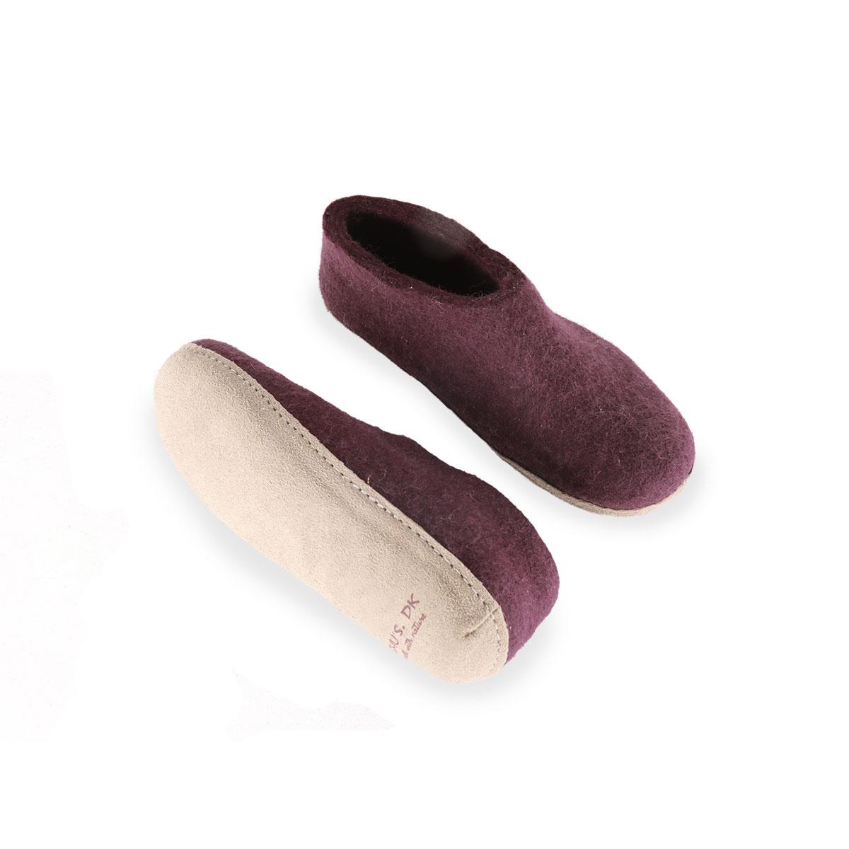 Wollhausschuhe Kinder (100 % reine Wolle) – Modell Lila mit Ledersohle – Dänisches Design von SHUS