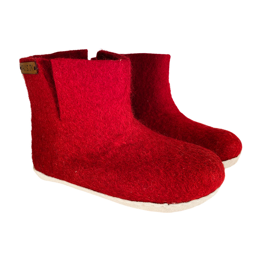 Wollstiefel für Kinder (100 % reine Wolle) – Modell Rot mit Ledersohle – Dänisches Design von SHUS