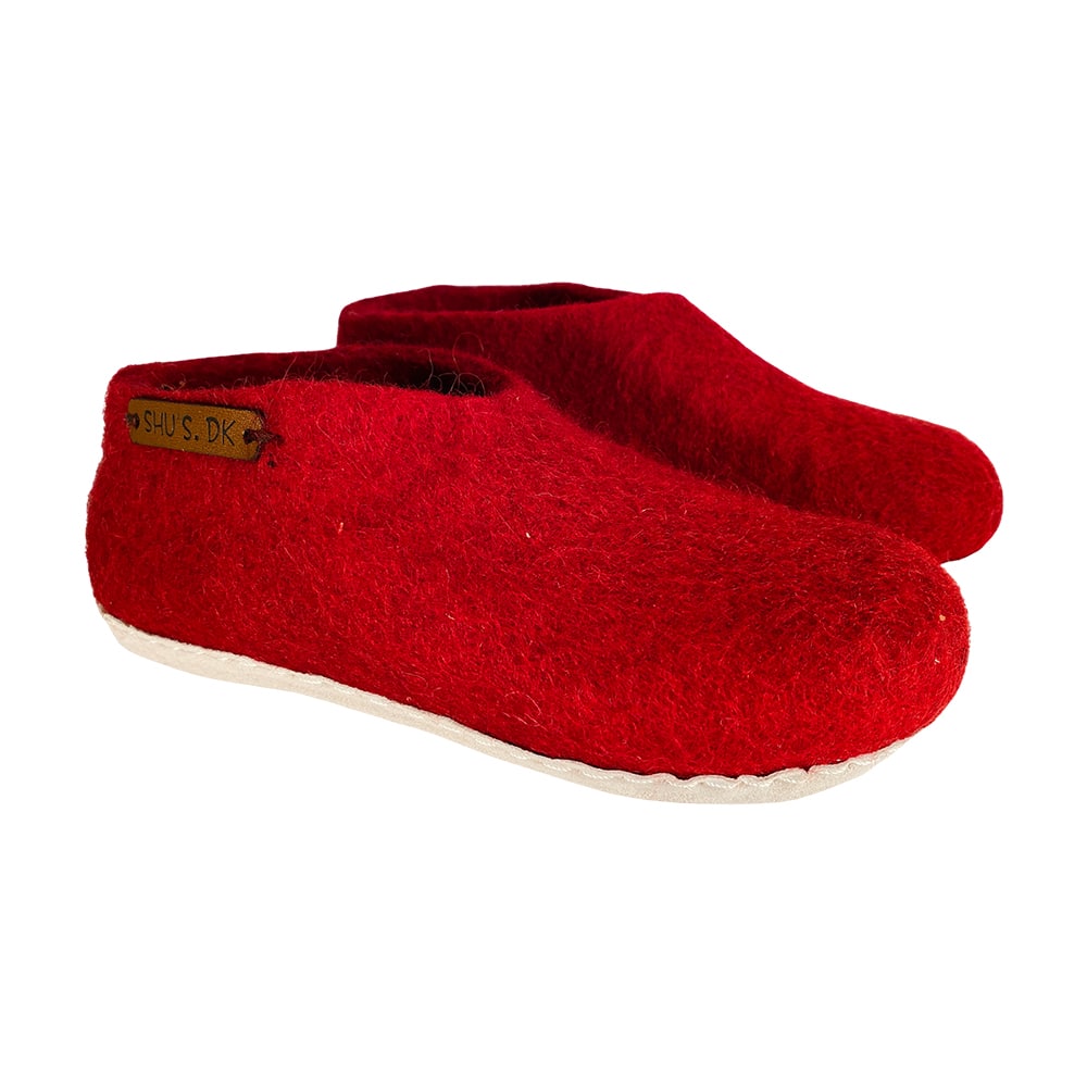 Wollhausschuhe Kinder (100 % reine Wolle) – Modell rot mit Ledersohle – dänisches Design von SHUS