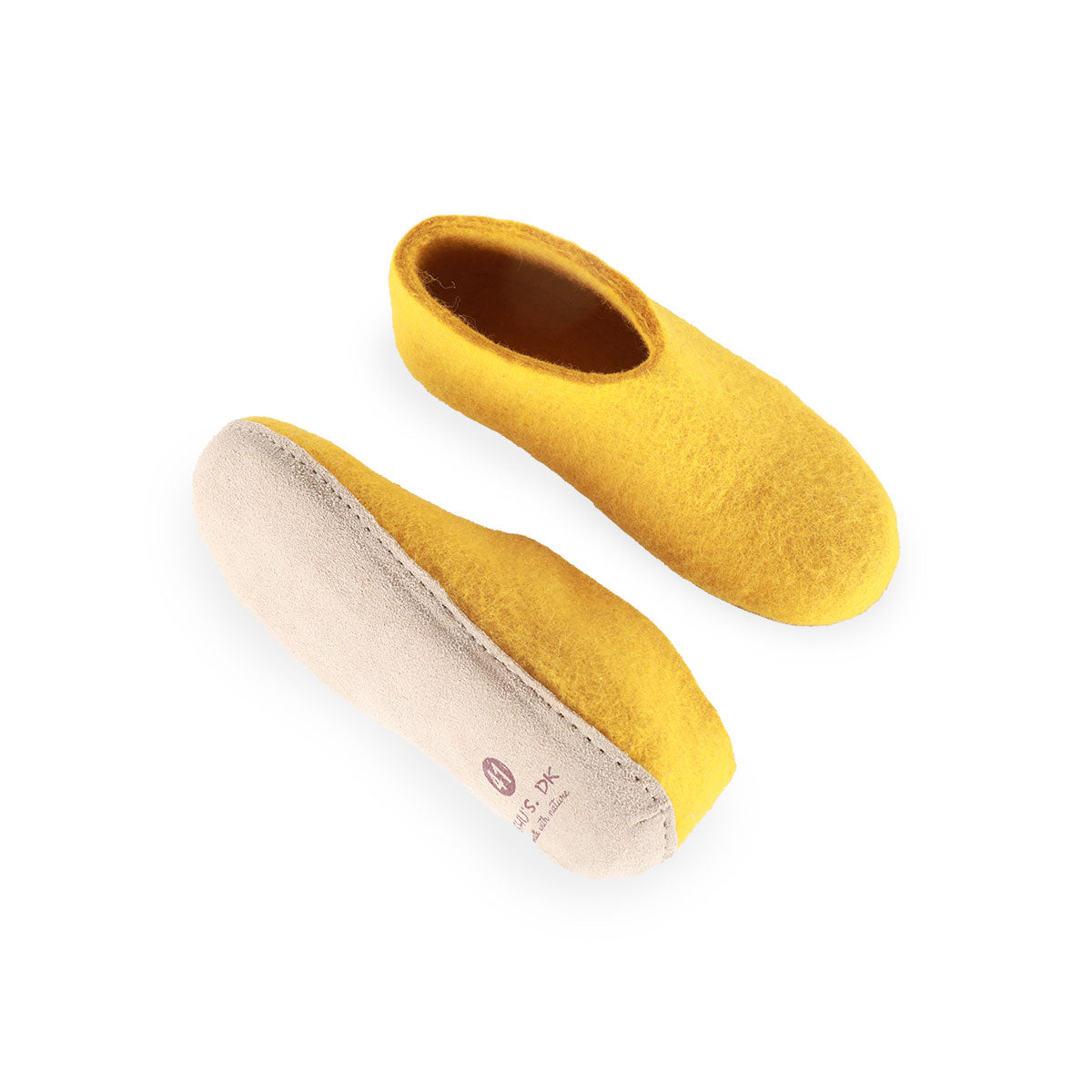 Wollhausschuhe (100 % reine Wolle) – Modell Currygelb mit Ledersohle – Dänisches Design von SHUS