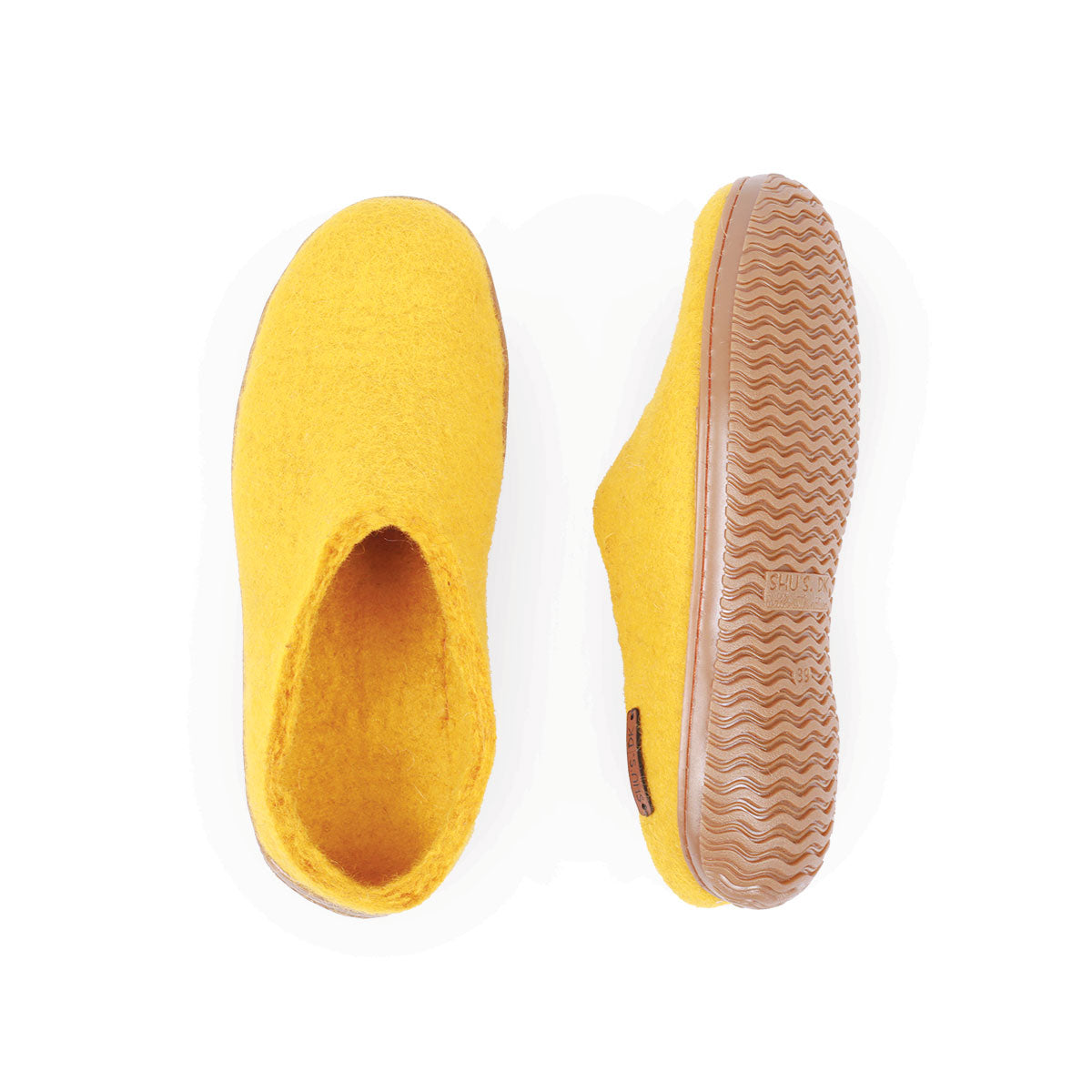 Wollpantoffel (100 % reine Wolle) – Modell Currygelb mit Gummisohle – Dänisches Design von SHUS