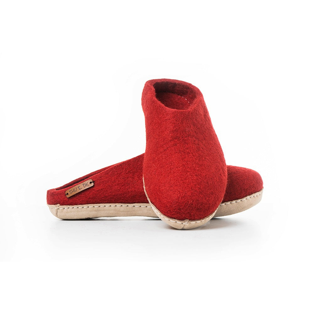 Wollpantoffel (100 % reine Wolle) – Modell Rot mit Ledersohle – Dänisches Design von SHUS
