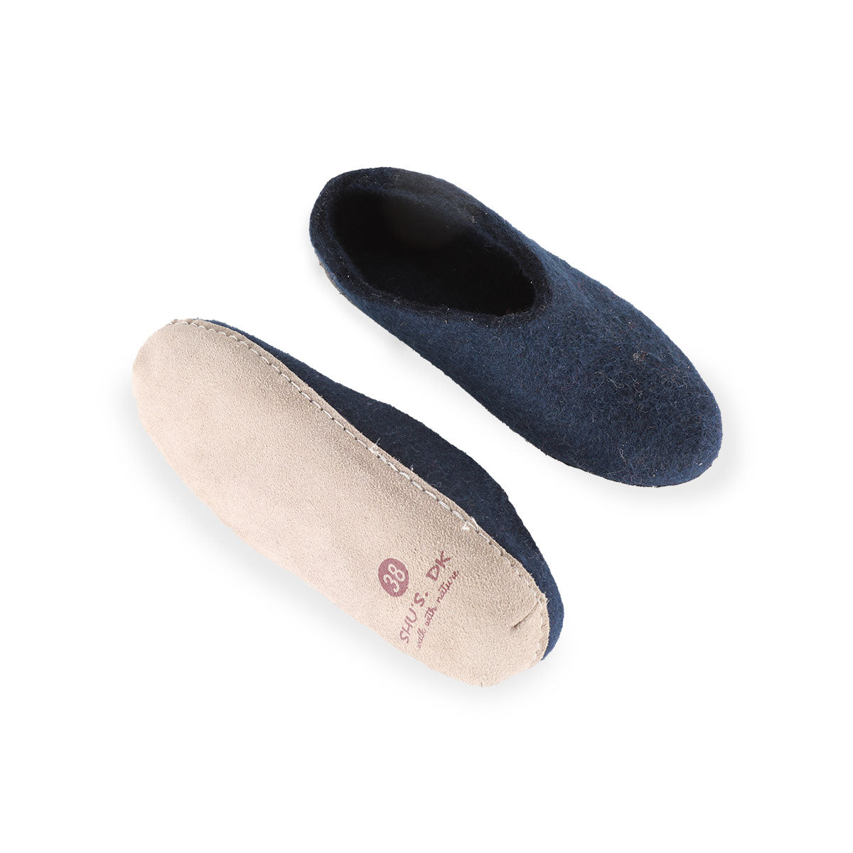 Wollpantoffel (100 % reine Wolle) – Modell Blau mit Ledersohle – Dänisches Design von SHUS
