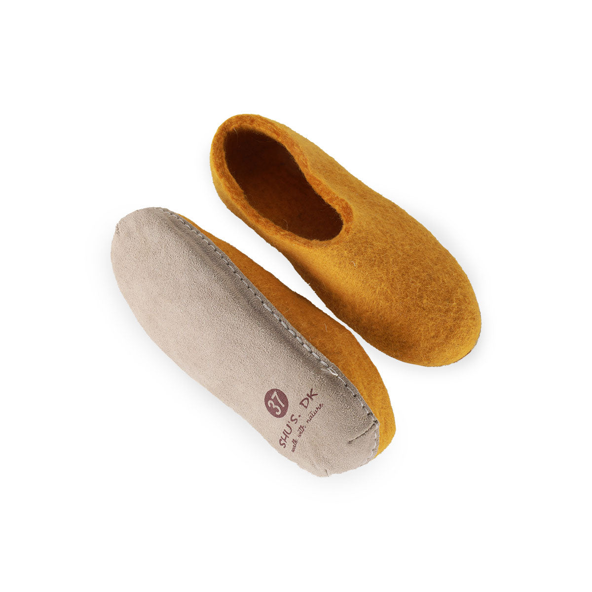 Wollpantoffel (100 % reine Wolle) – Modell Currygelb mit Ledersohle – Dänisches Design von SHUS