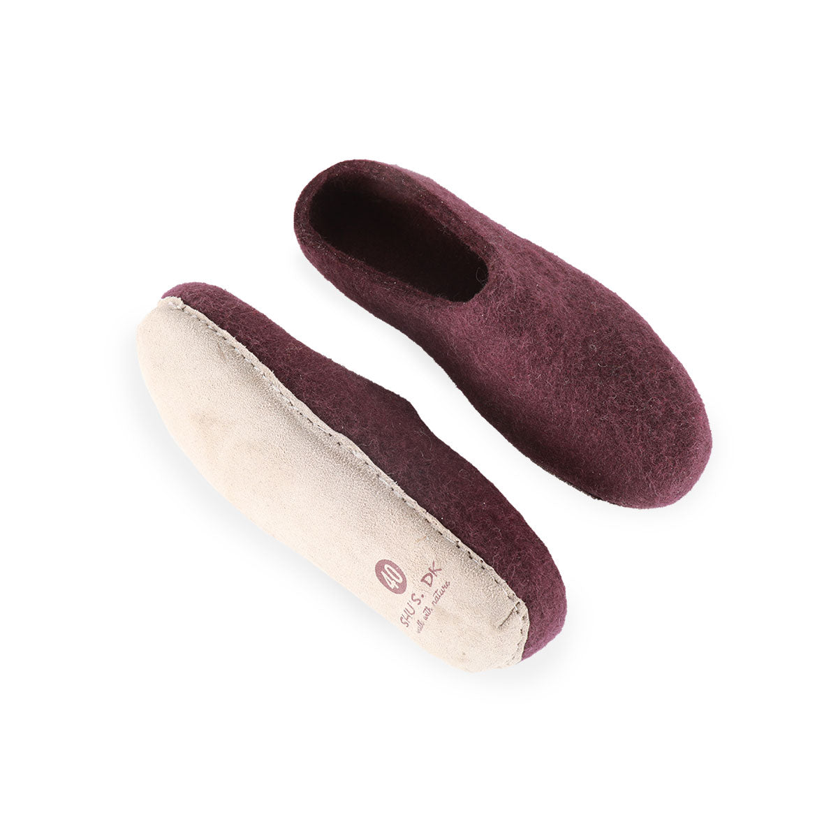Wollpantoffel (100 % reine Wolle) – Modell Lila mit Ledersohle – Dänisches Design von SHUS