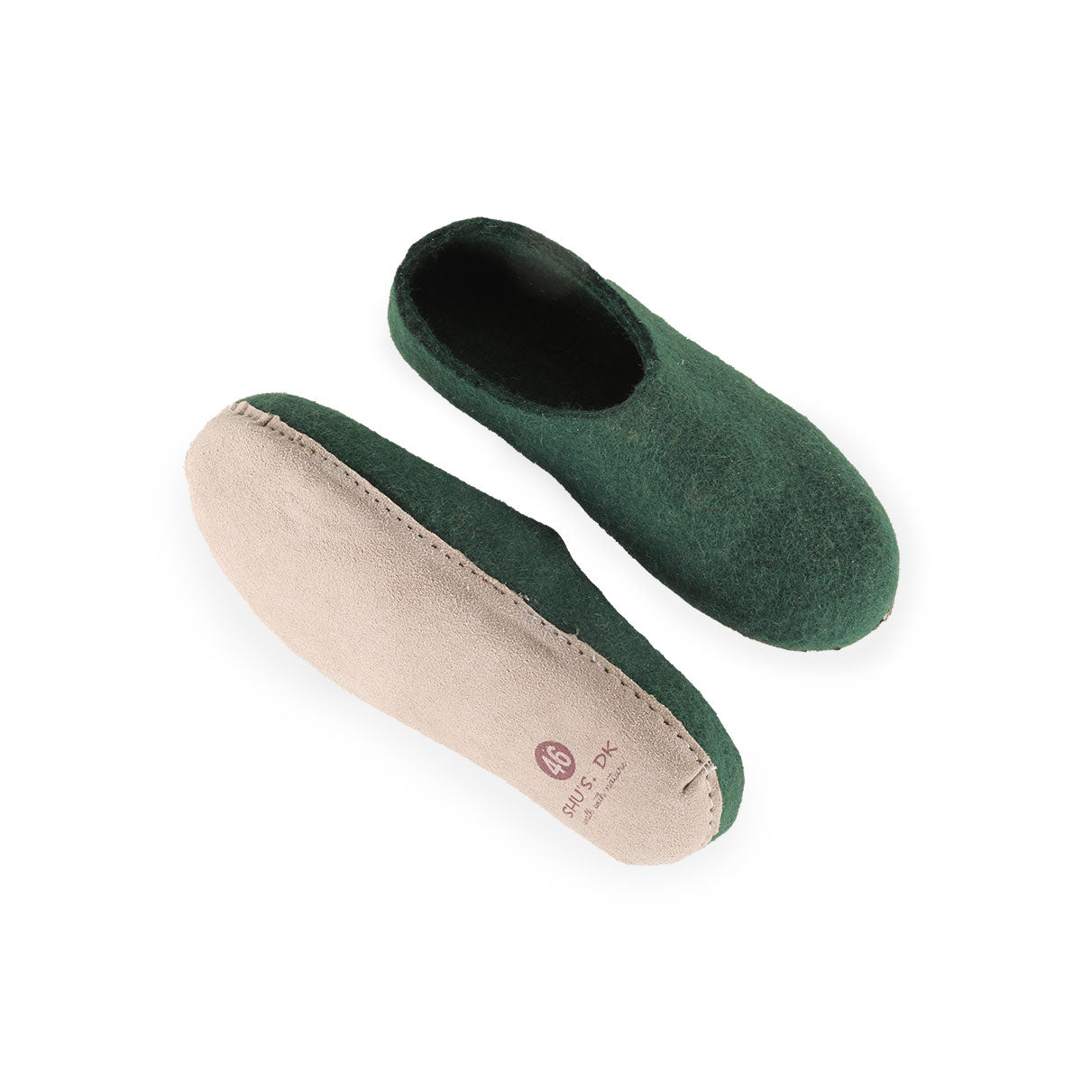 Wollpantoffel (100 % reine Wolle) – Modell Grün mit Ledersohle – Dänisches Design von SHUS