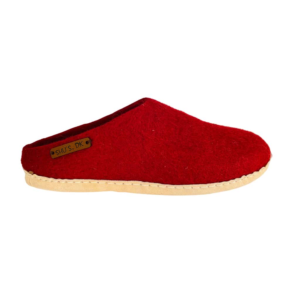 Wollpantoffel (100 % reine Wolle) – Modell Rot mit Ledersohle – Dänisches Design von SHUS