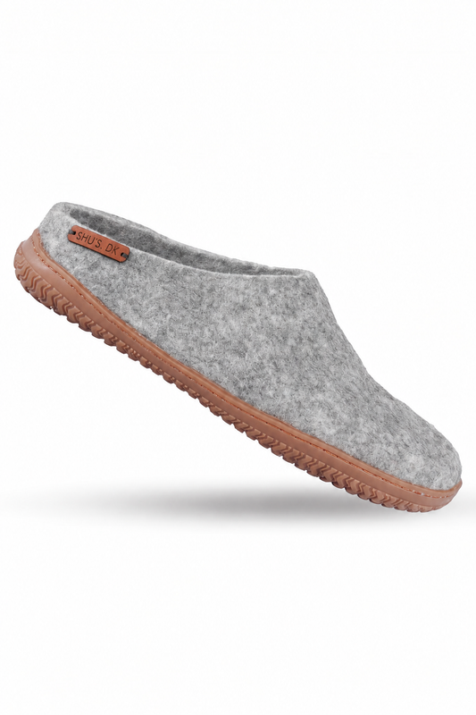 Wollpantoffel (100 % reine Wolle) – Modell Grau mit Gummisohle – Dänisches Design von SHUS