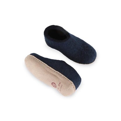 Wollhausschuhe für Kinder (100% reine Wolle) - Modell Blau mit Ledersohle - Dänisches Design von SHUS