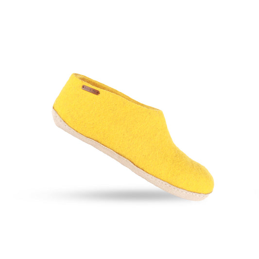 Wollhausschuhe (100 % reine Wolle) – Modell Currygelb mit Ledersohle – Dänisches Design von SHUS