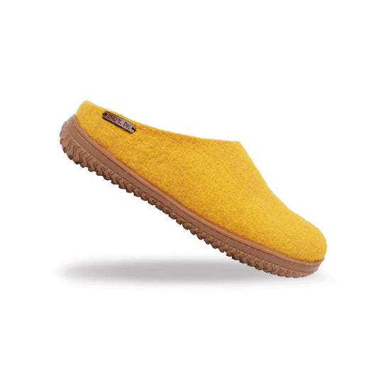 Wollpantoffel (100 % reine Wolle) – Modell Currygelb mit Gummisohle – Dänisches Design von SHUS