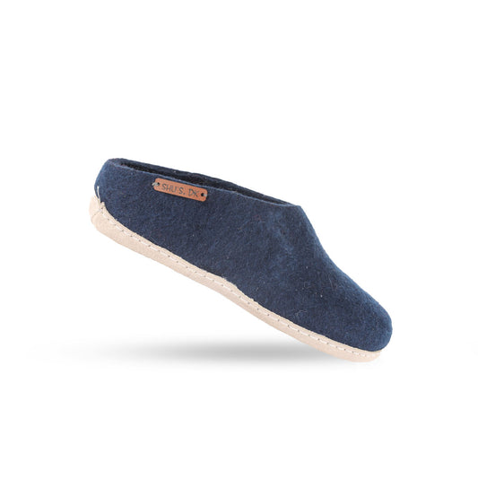 Wollpantoffel (100 % reine Wolle) – Modell Blau mit Ledersohle – Dänisches Design von SHUS