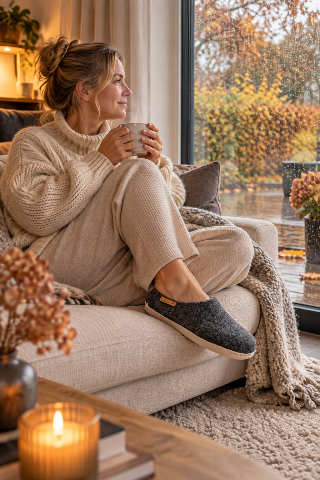 Wollpantoffel(100 % reine Wolle) – Modell Koks mit Sohle aus Leder – Dänisches Design von SHUS